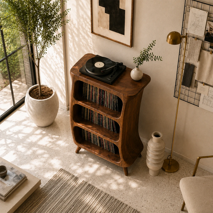Sunlit Natural Solid Wood Vinyl Record Stand With Three Open Shelves - ArborisWood - 5