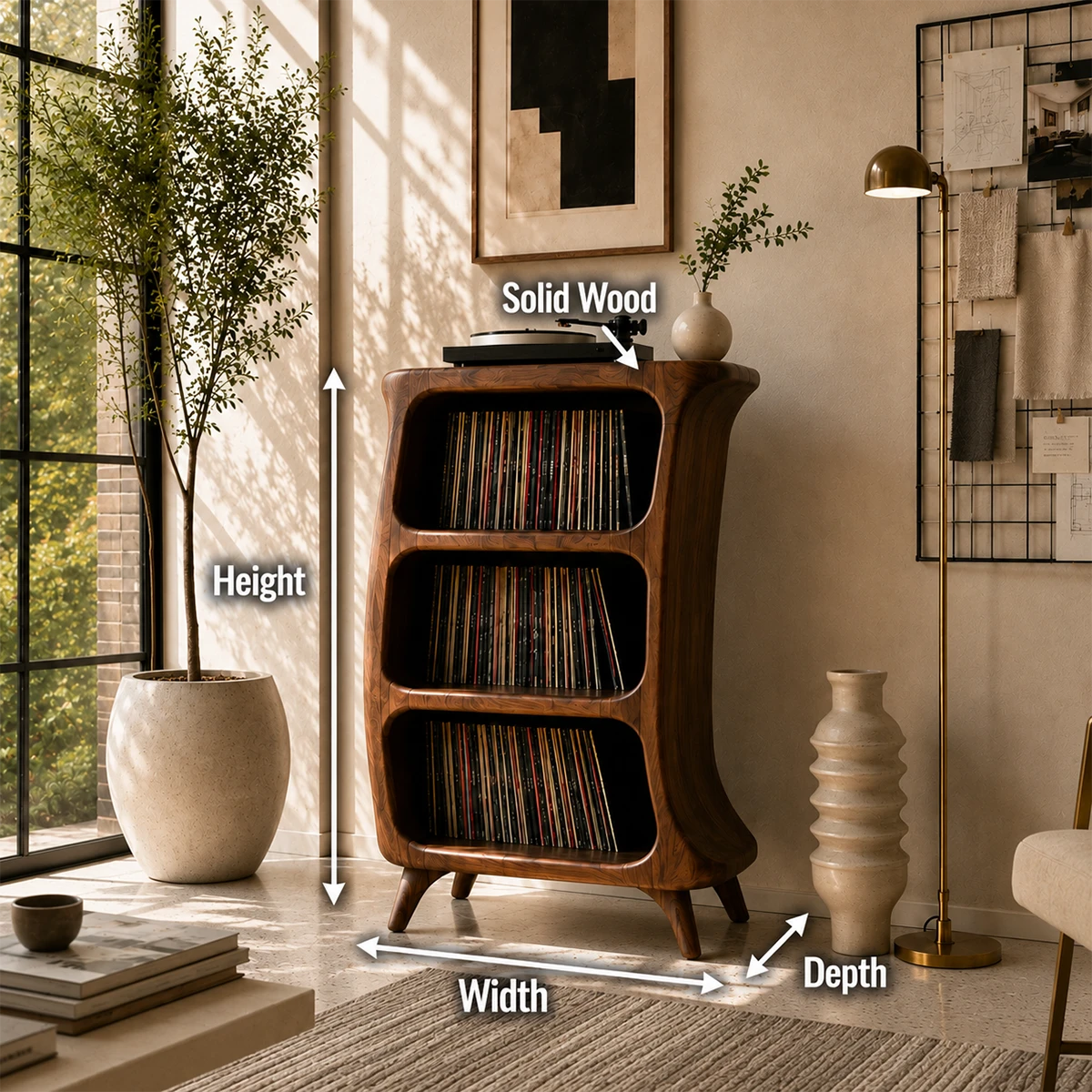 Sunlit Natural Solid Wood Vinyl Record Stand With Three Open Shelves - ArborisWood - 9