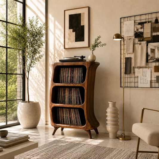 Sunlit Natural Solid Wood Vinyl Record Stand With Three Open Shelves - ArborisWood