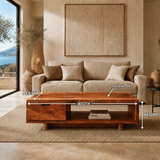 Statement coffee table with drawer front and shelf opening in a warm coastal home