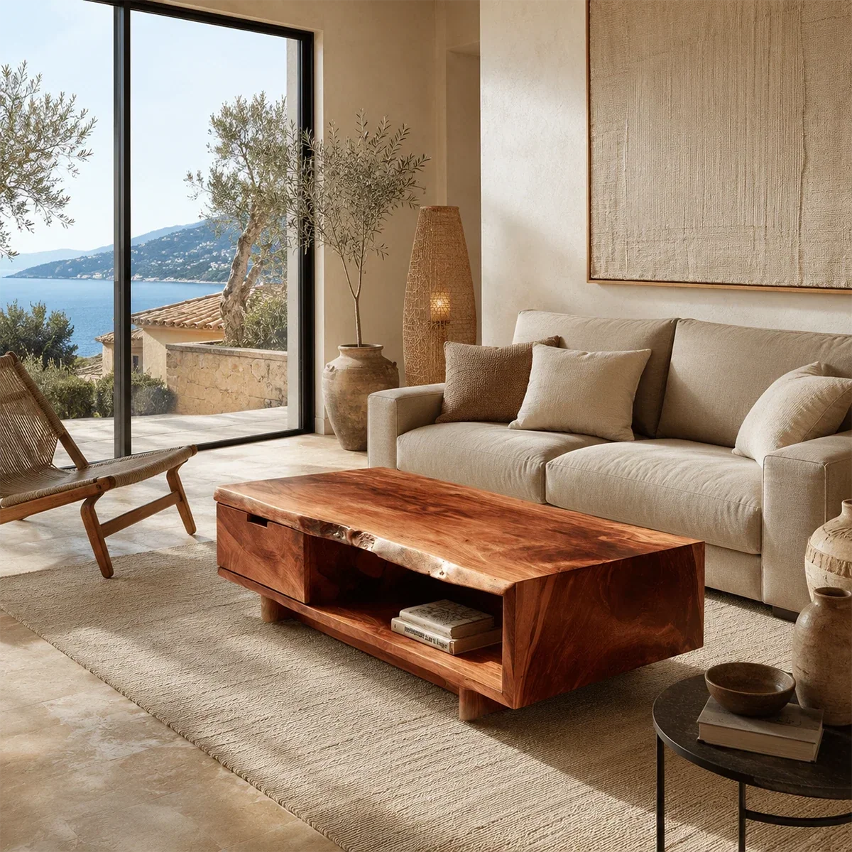 Rectangular coffee table with drawer and open shelf in a bright coastal living room