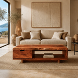 Low profile coffee table featuring one drawer and open storage beneath the top surface