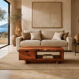 Organic style coffee table with drawer storage and shelf space for layered decor