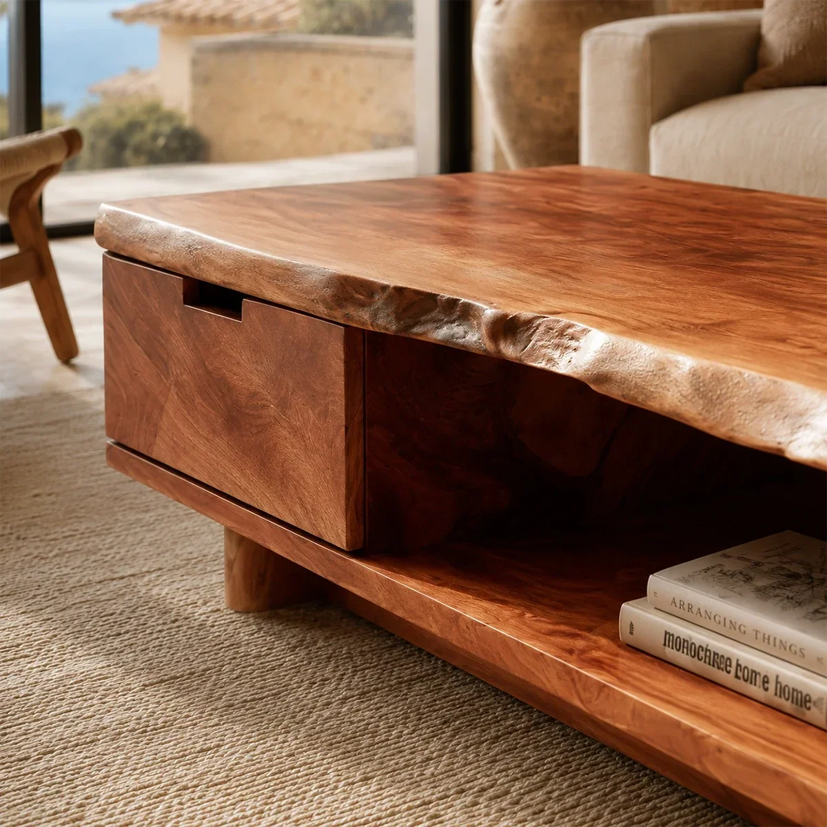 Coastal coffee table with concealed drawer and open shelf in a relaxed neutral space