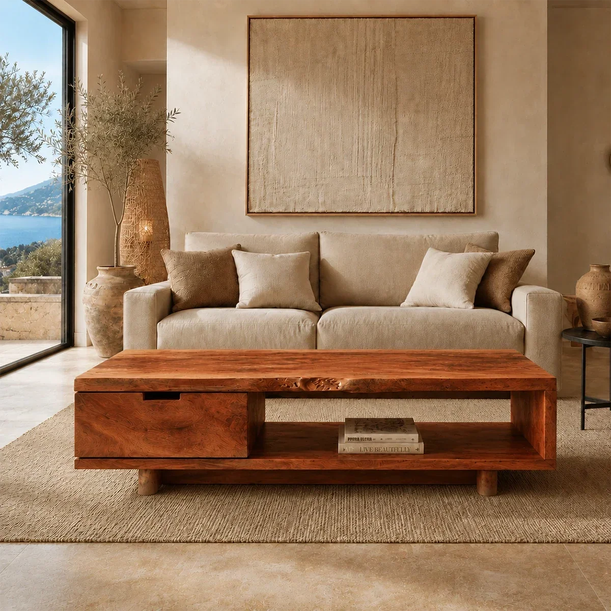 A modern living room scene featuring a rectangular wooden coffee table with a lower shelf, positioned in front of a beige sofa. The room has warm neutral tones, a large framed abstract print on the wall, and a window looking out onto a scenic mountain and sea view.
