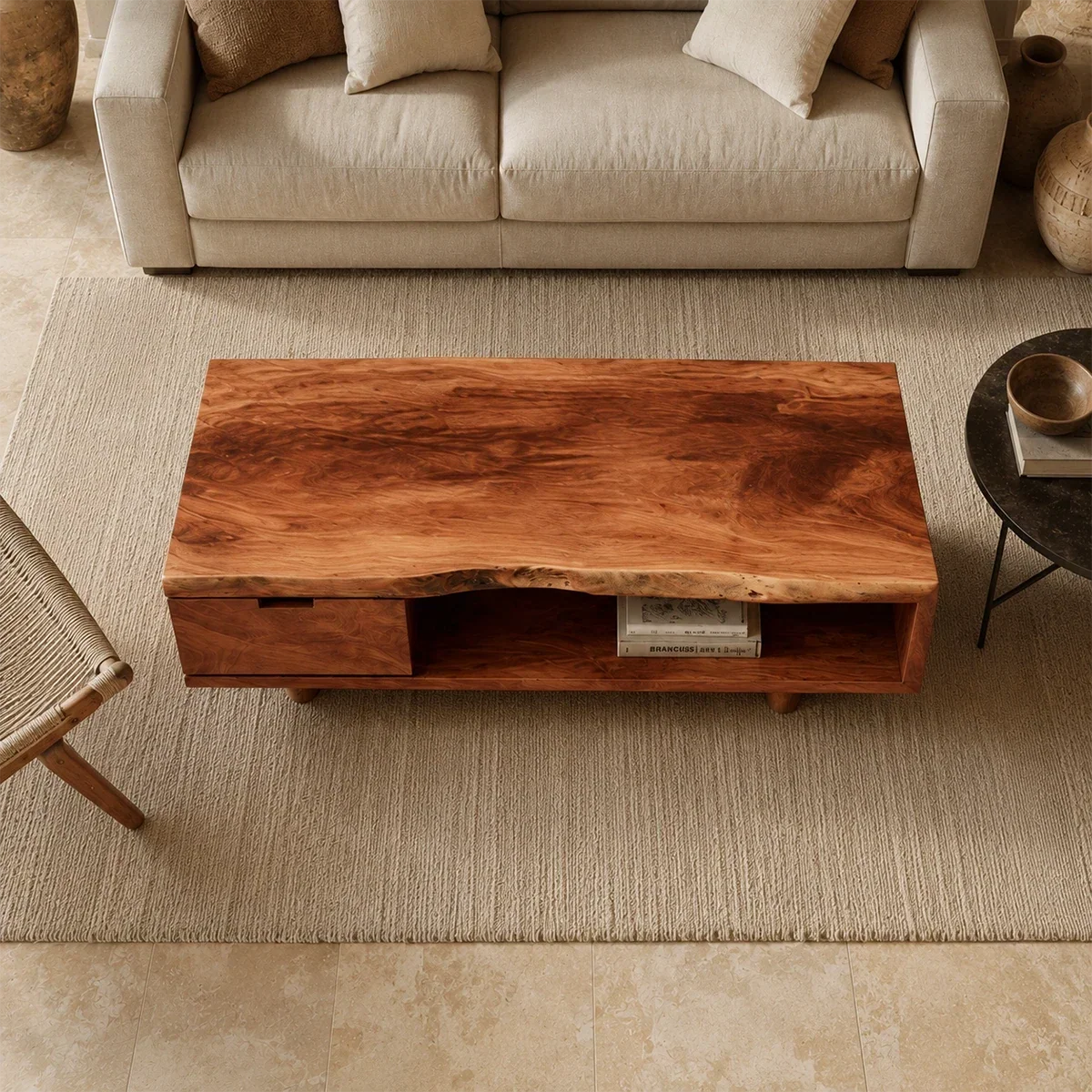 Minimalist coffee table with integrated drawer and shelf for a serene interior look
