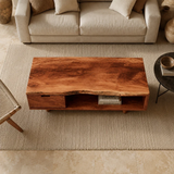 Minimalist coffee table with integrated drawer and shelf for a serene interior look