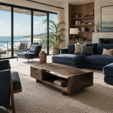 Designer coffee table with hidden drawer, open cubby, and rich grain detail throughout