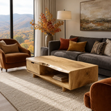 Contemporary coffee table with a single drawer and open shelf for tidy storage needs