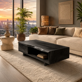 Functional coffee table with drawer storage and an open nook for books or decor display