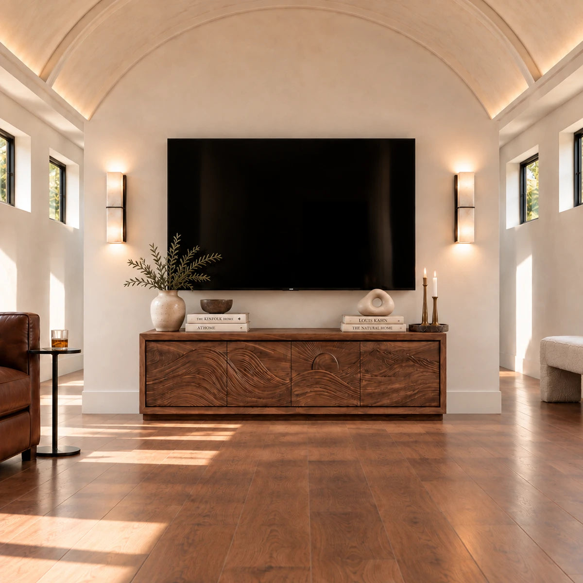 Contemporary TV stand in solid wood with sculpted wave front and hidden storage layout
