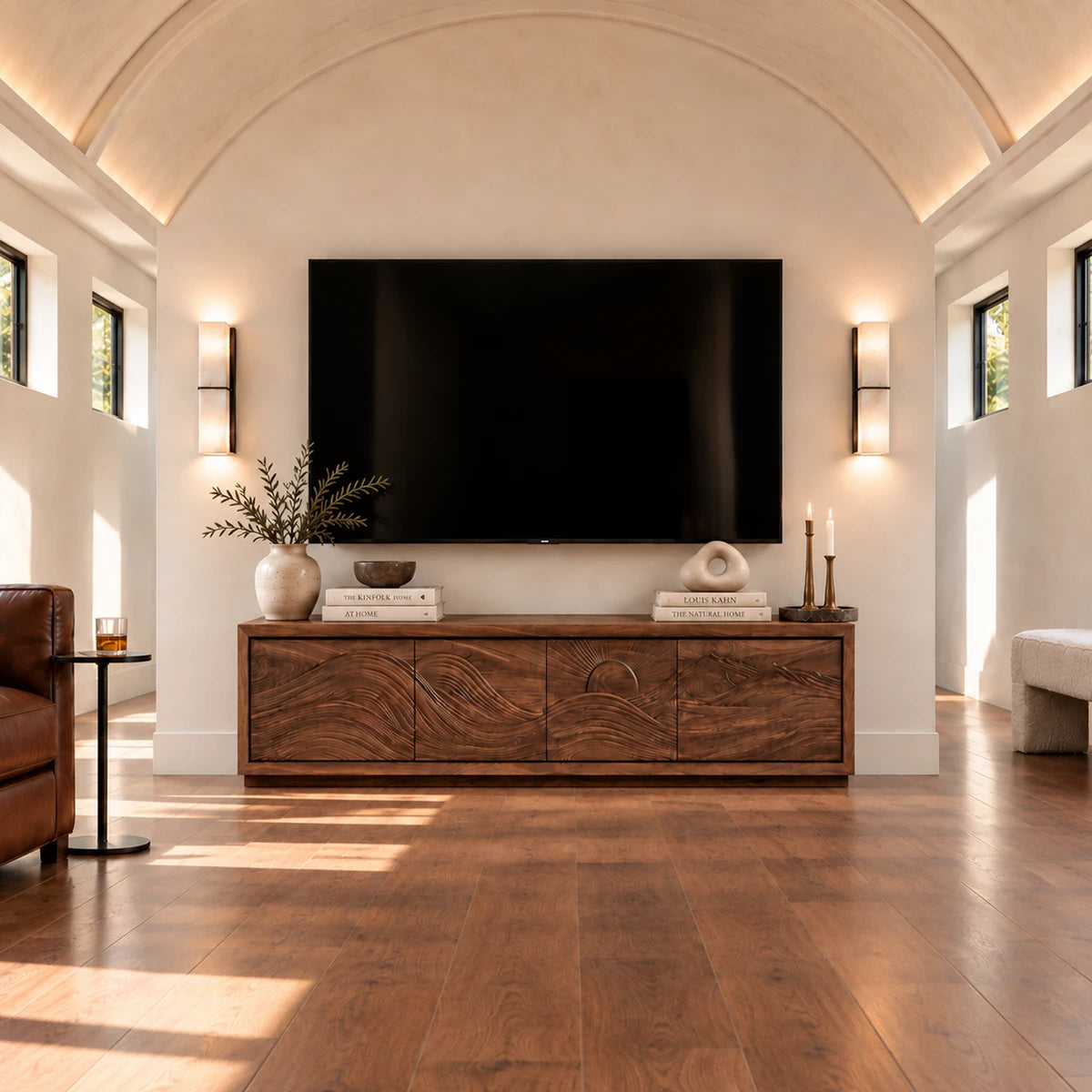 Functional media unit in solid wood with artistic relief doors and linear styling
