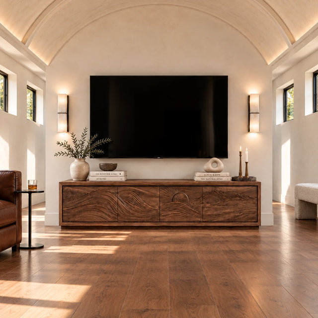 Solid wood TV stand with carved wave front and low-profile living room storage base
