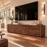 Entertainment center in solid wood with hand-carved landscape panels and storage
