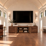 Statement media cabinet in solid wood with artistic relief front and broad frame
