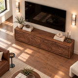 Minimalist TV cabinet in solid wood with carved sunset motif and clean storage base
