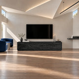 Living room TV console in solid wood with decorative relief doors and storage base
