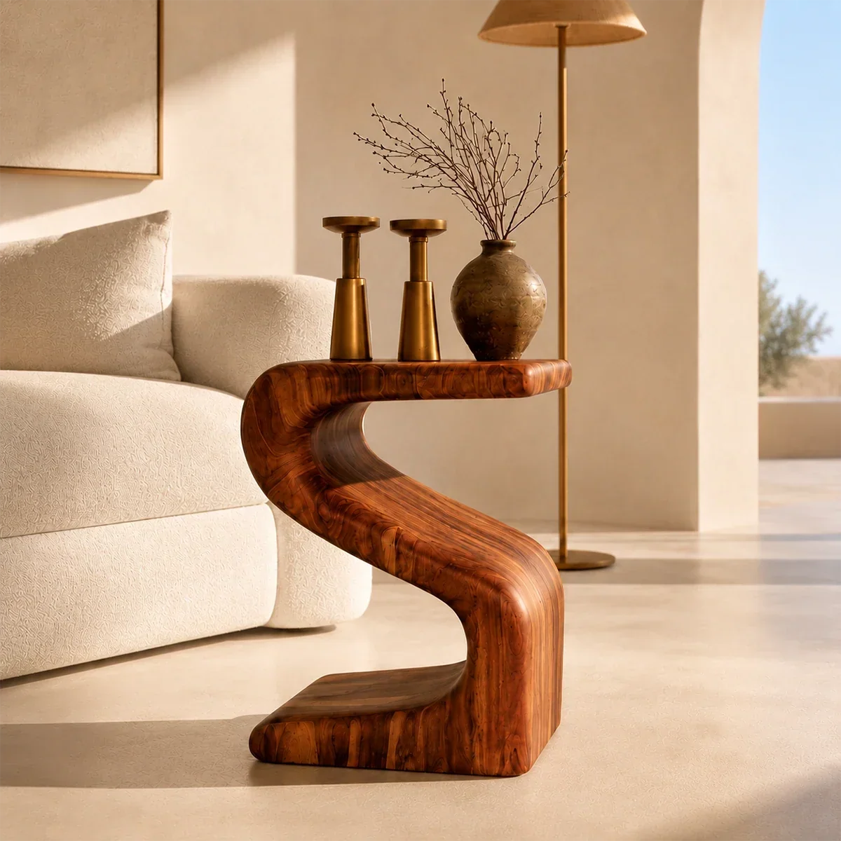 Designer side table with sculpted curves and visible grain in a refined living interior