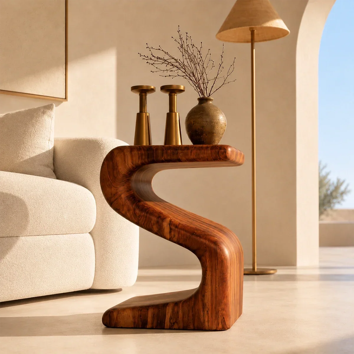 Modern end table with an artistic S shaped frame and warm finish beside lounge seating