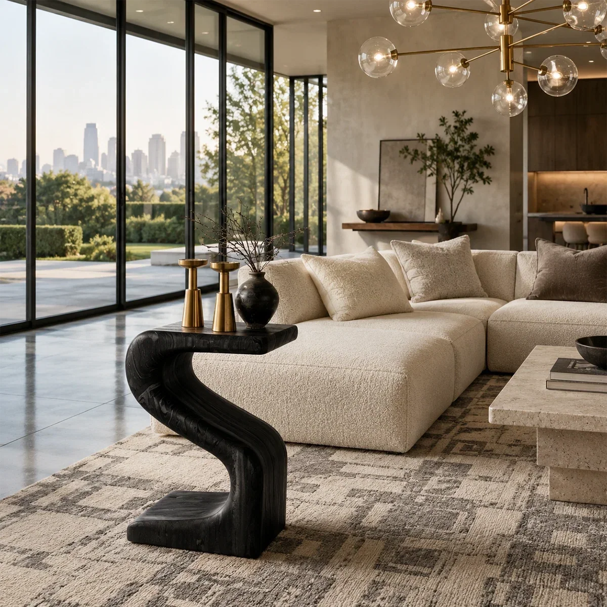 Contemporary end table showcases organic curves and warm wood tone in an airy room