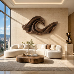 Wave shaped wall sculpture with carved relief creates a bold focal point in modern rooms