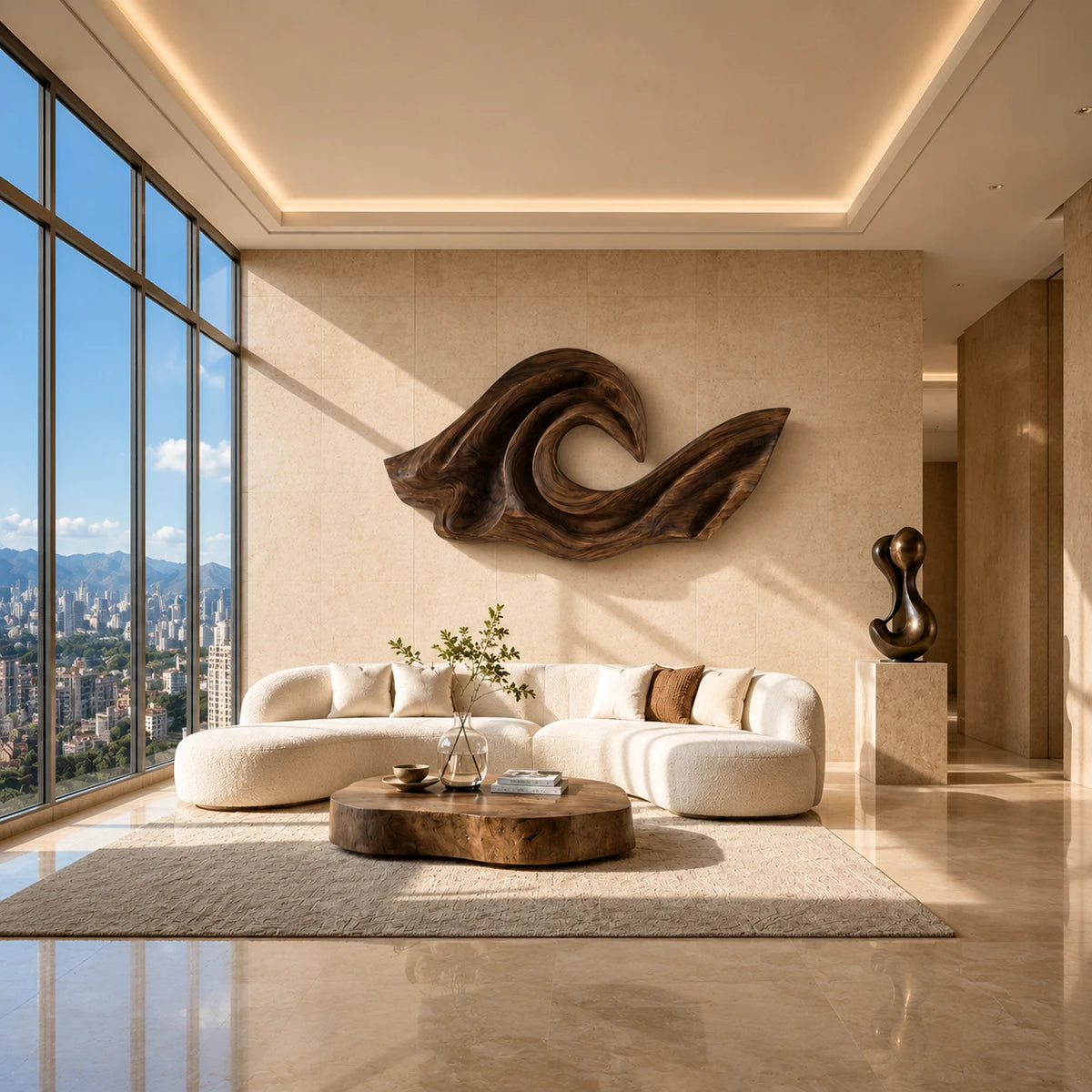 Abstract wall art with sweeping curves adds sculptural depth to a refined living space