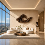 Abstract wall art with sweeping curves adds sculptural depth to a refined living space