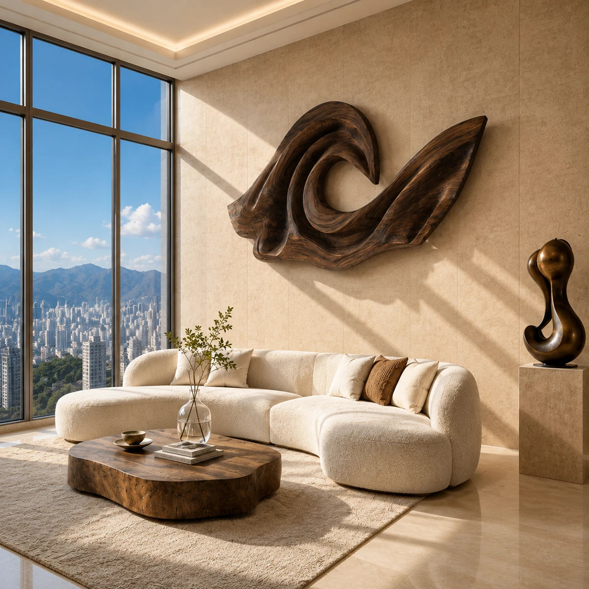 Large wall sculpture with open center detail brings movement to a contemporary interior