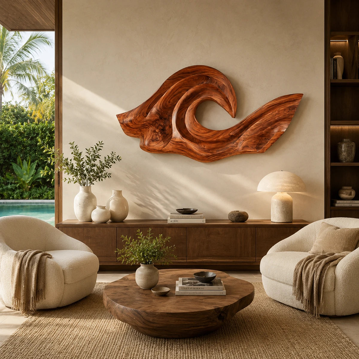 Curved relief wall sculpture brings visual rhythm to a bright contemporary home interior