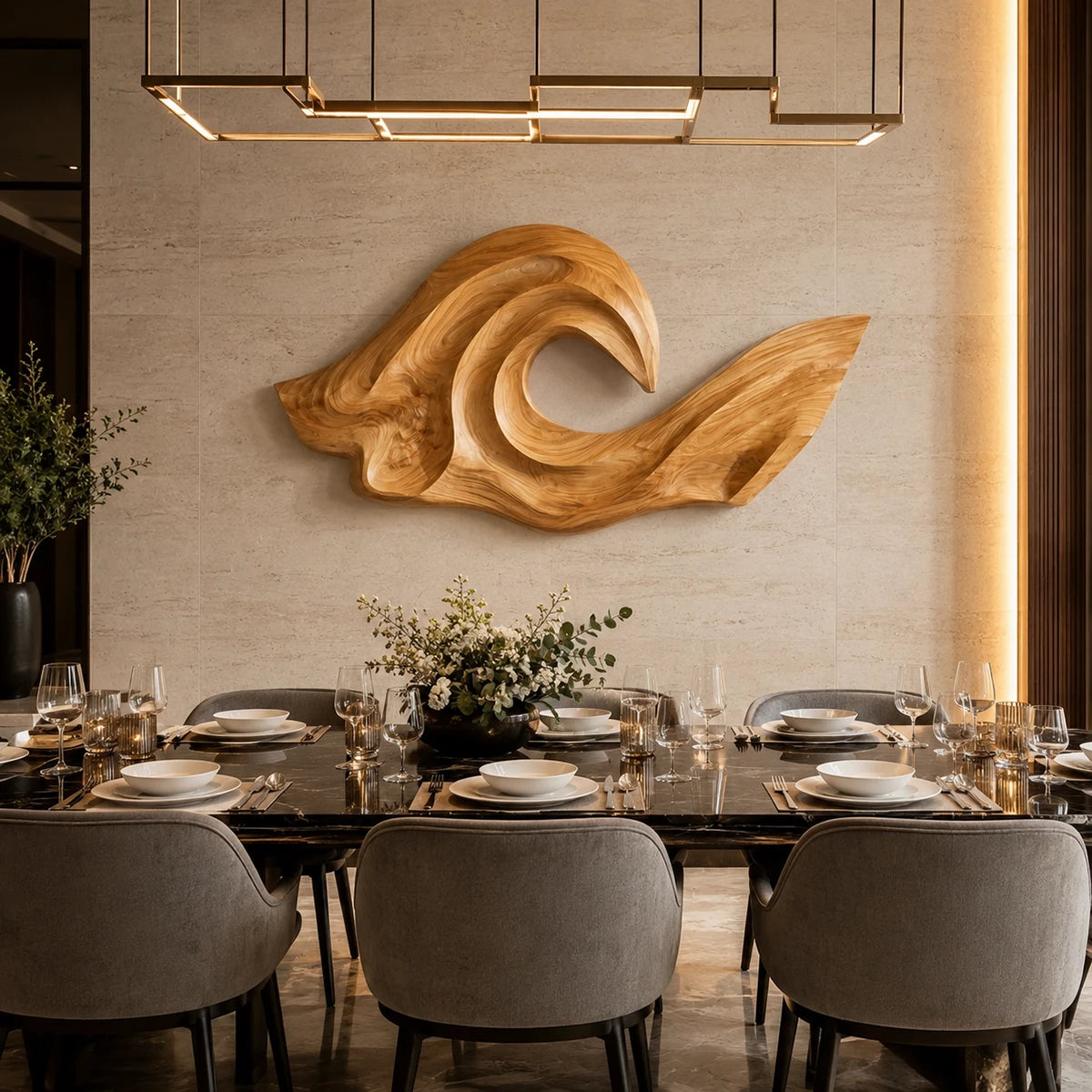Modern wall decor with fluid contours creates a dramatic centerpiece for open interiors