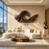 Large abstract wall panel with flowing relief adds visual character to modern interiors