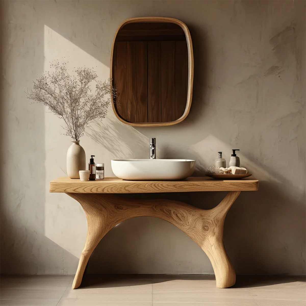 Symmetrical Sculptural Bathroom Vanity Natural Solid Wood Arched Base - ArborisWood