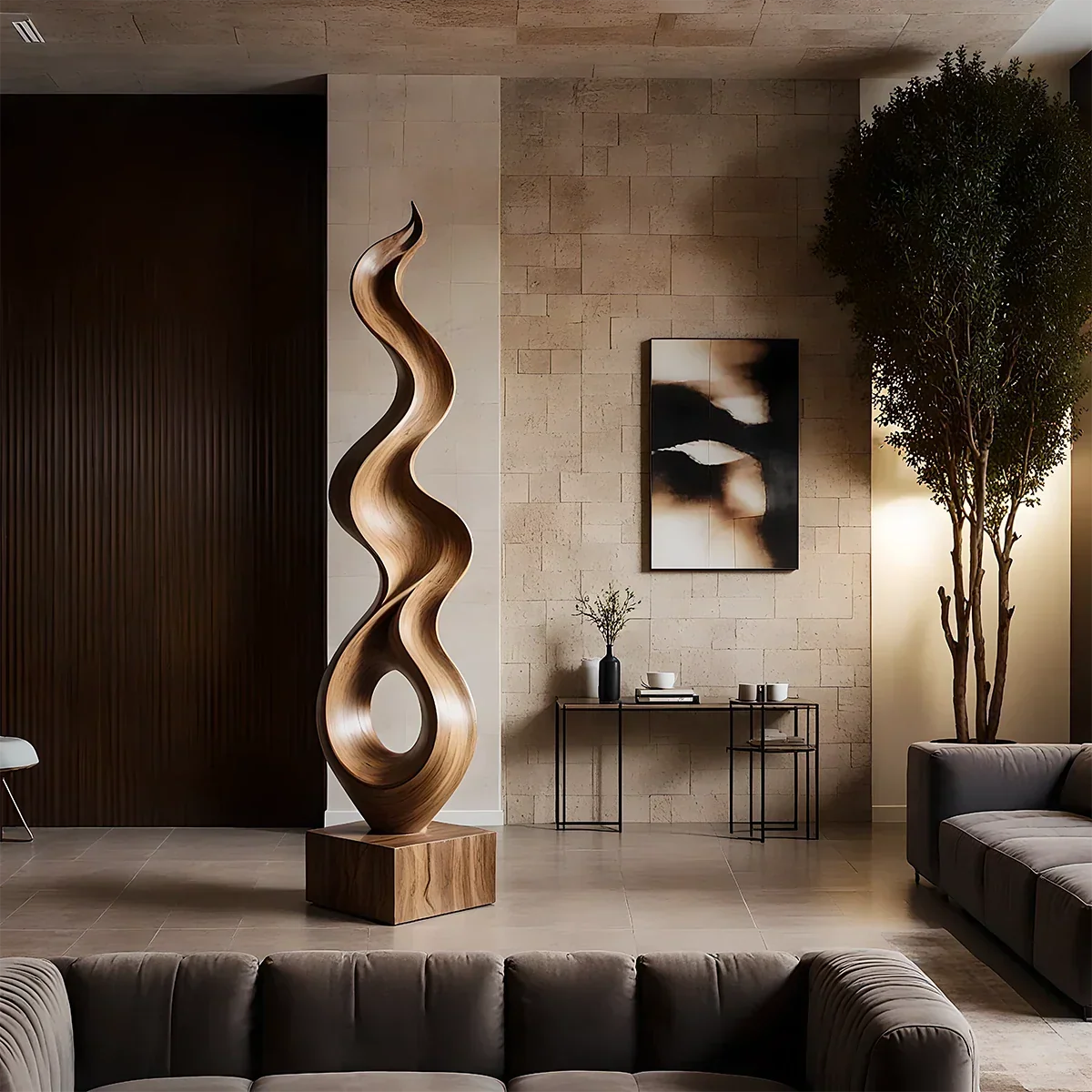 Tall Abstract Wood Sculpture with Flowing Ribbon Form and Hollow Loop Detail - ArborisWood - 3