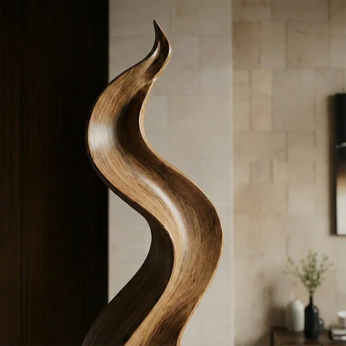 Tall Abstract Wood Sculpture with Flowing Ribbon Form and Hollow Loop Detail - ArborisWood - 5