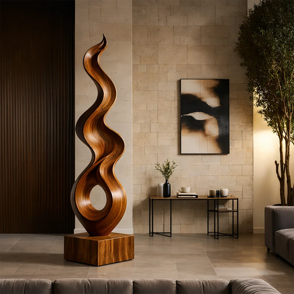 Tall Abstract Wood Sculpture with Flowing Ribbon Form and Hollow Loop Detail - ArborisWood - 7