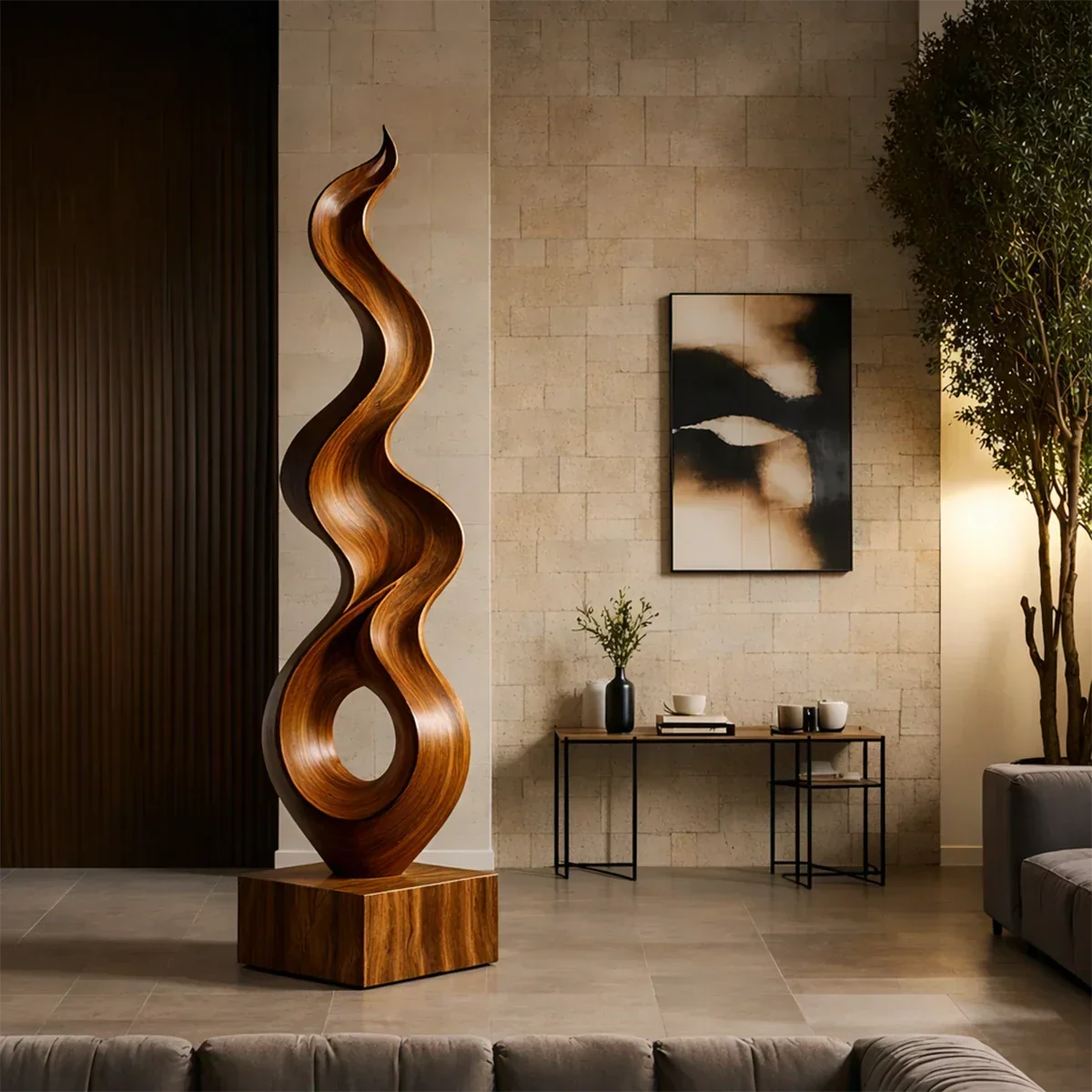 Tall Abstract Wood Sculpture with Flowing Ribbon Form and Hollow Loop Detail - ArborisWood - 7