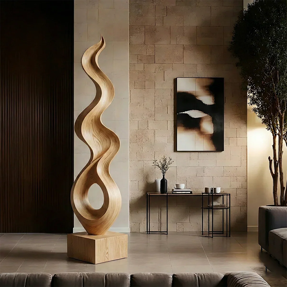 Tall Abstract Wood Sculpture with Flowing Ribbon Form and Hollow Loop Detail - ArborisWood - 8