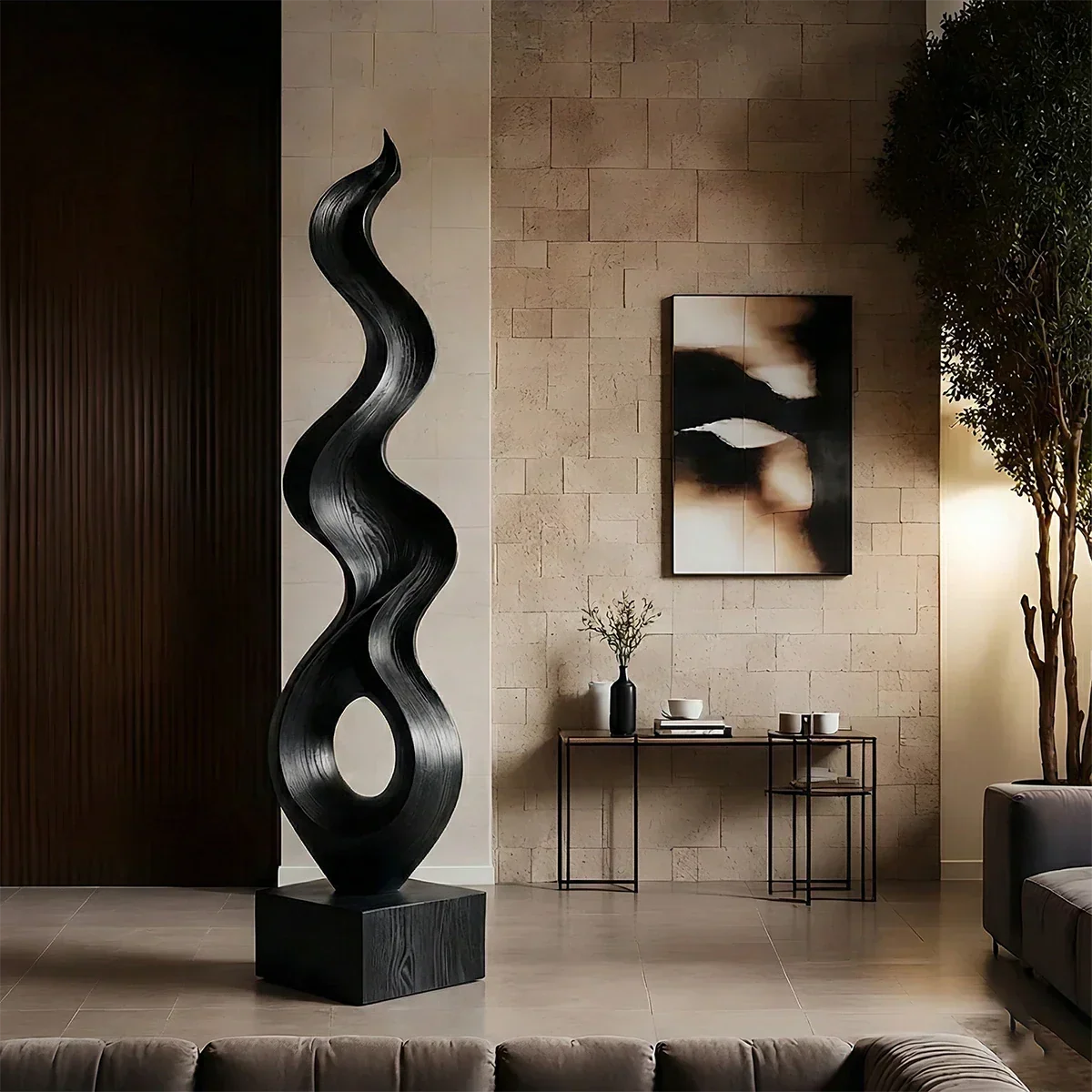 Tall Abstract Wood Sculpture with Flowing Ribbon Form and Hollow Loop Detail - ArborisWood - 9