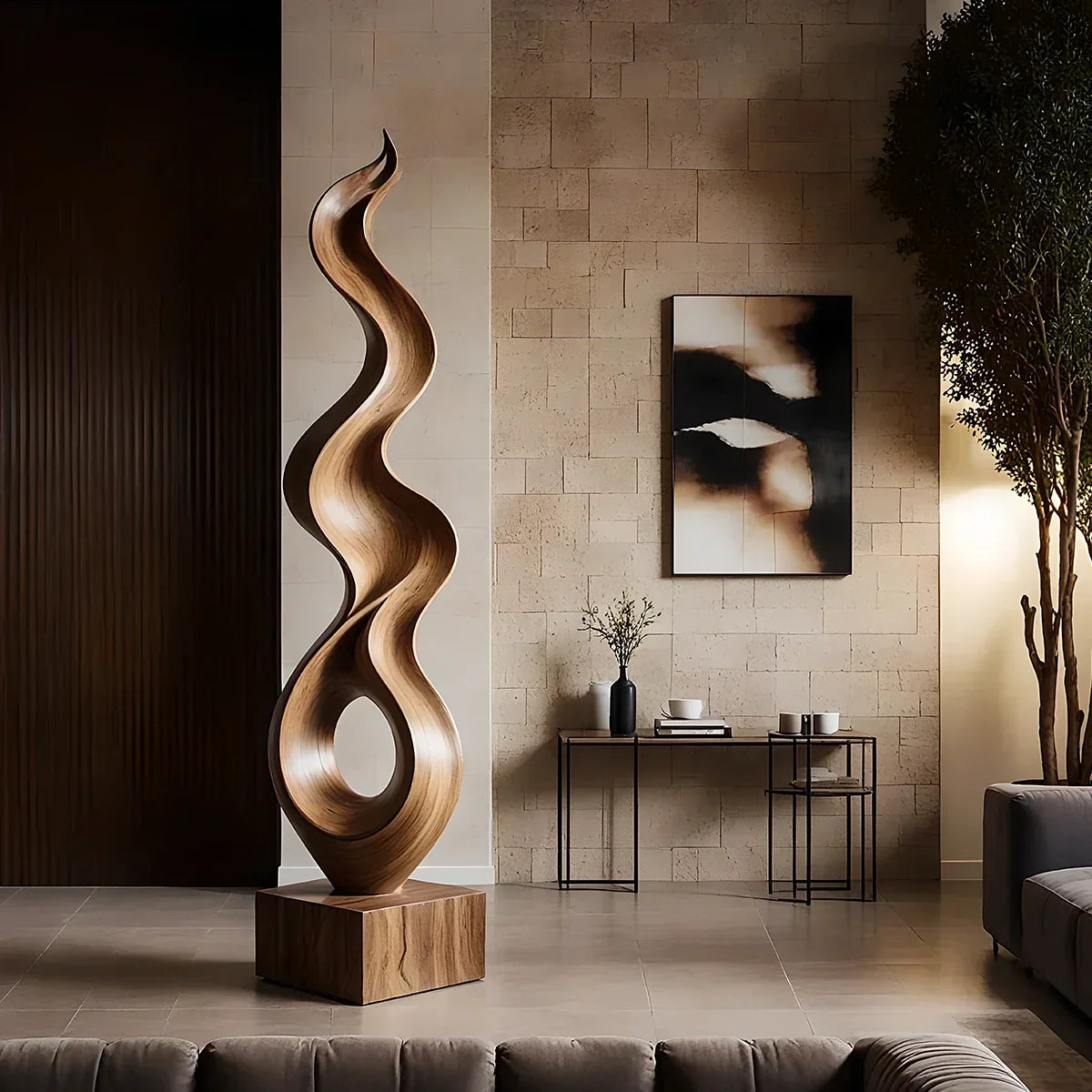 Tall Abstract Wood Sculpture with Flowing Ribbon Form and Hollow Loop Detail - ArborisWood
