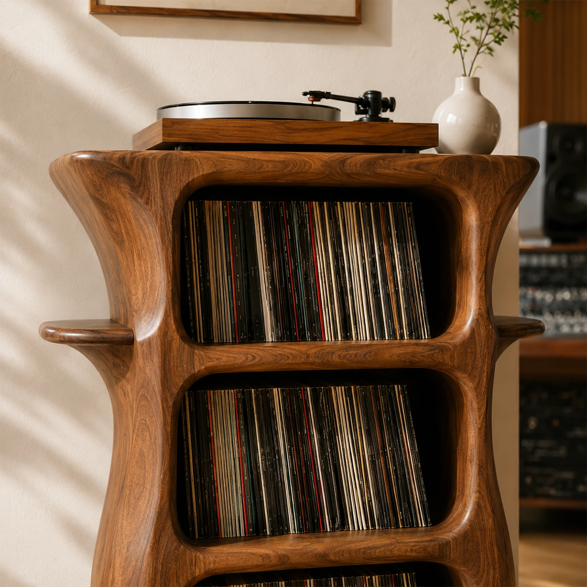 Tall Studio Natural Solid Wood Audio Storage Cabinet With Vinyl Shelves - ArborisWood - 6