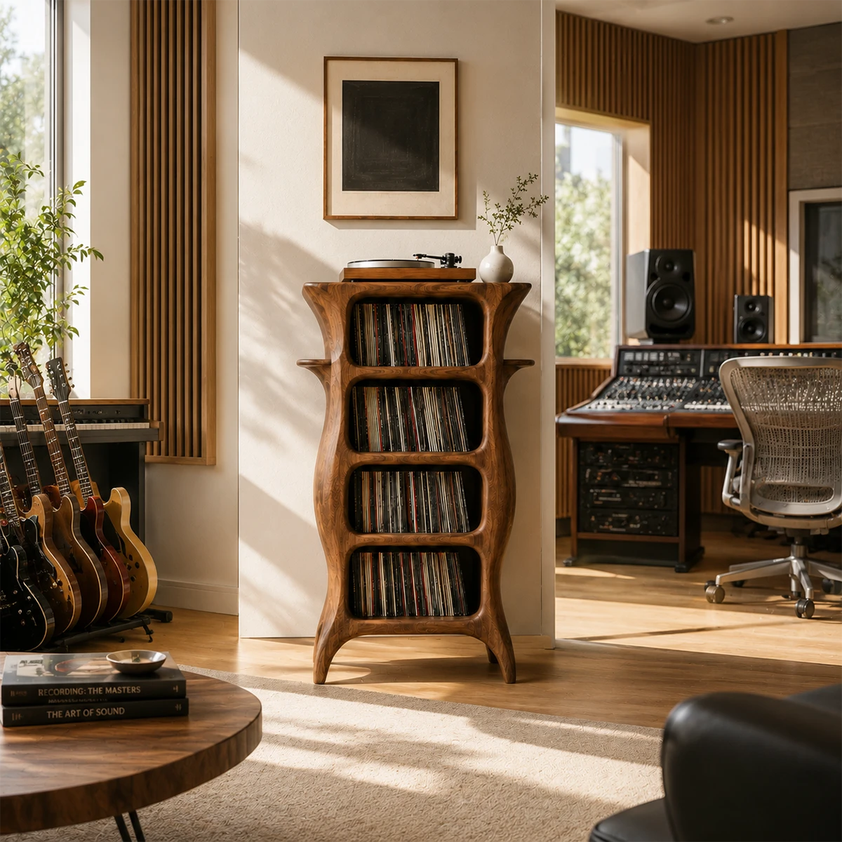 Tall Studio Natural Solid Wood Audio Storage Cabinet With Vinyl Shelves - ArborisWood