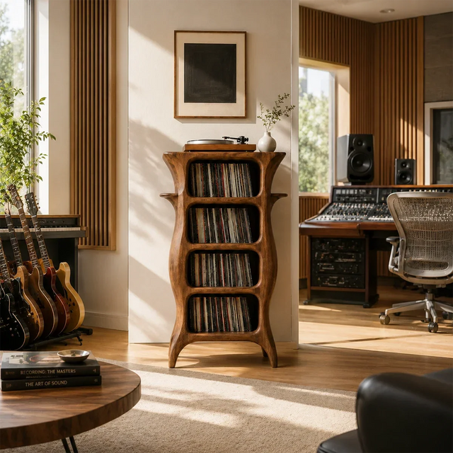 Tall Studio Natural Solid Wood Audio Storage Cabinet With Vinyl Shelves - Arboriswood