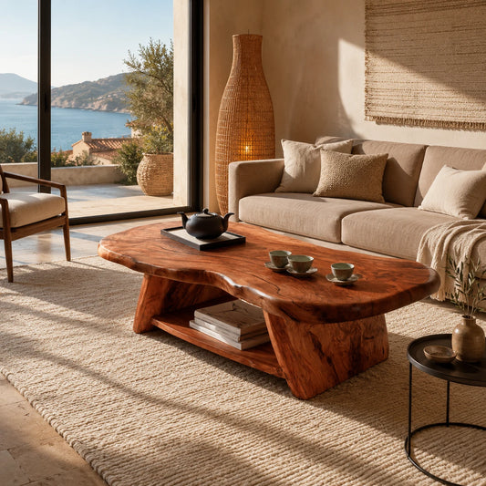 Live edge coffee table with open lower shelf and sculpted solid wood base for interiors