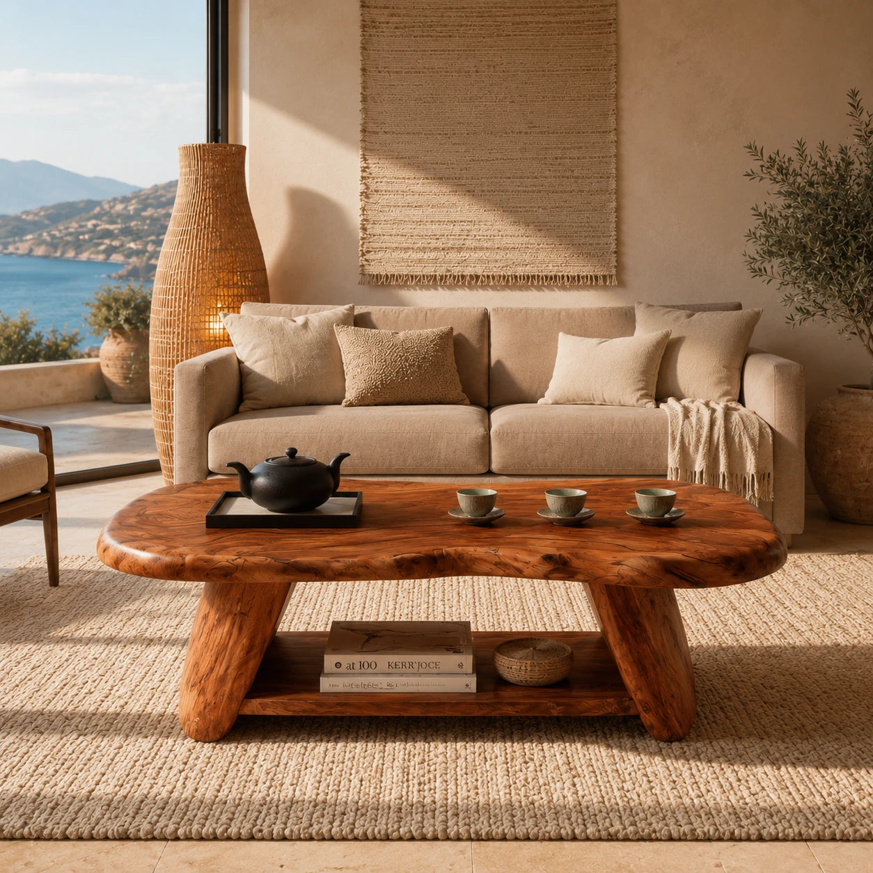 Rustic modern coffee table with natural edge top and broad solid wood legs for rooms