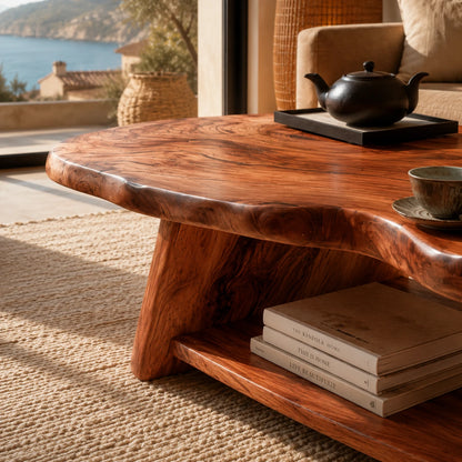Organic coffee table with low shelf storage and sculpted solid wood supports for homes
