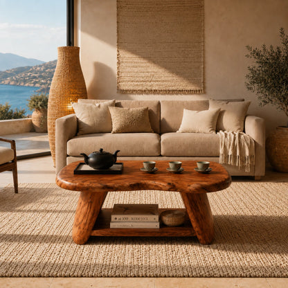 Living room coffee table with thick solid wood top and open shelf for books and decor