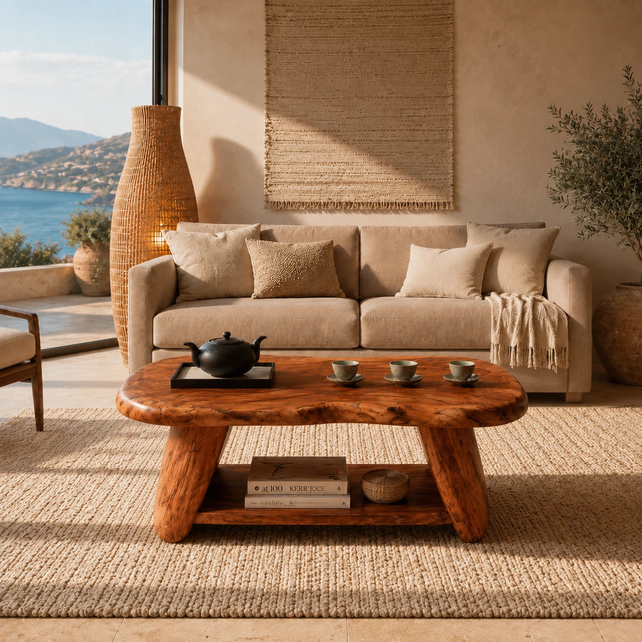 Contemporary coffee table with organic slab form and built in lower shelf for interiors