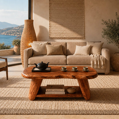 Contemporary coffee table with organic slab form and built in lower shelf for interiors