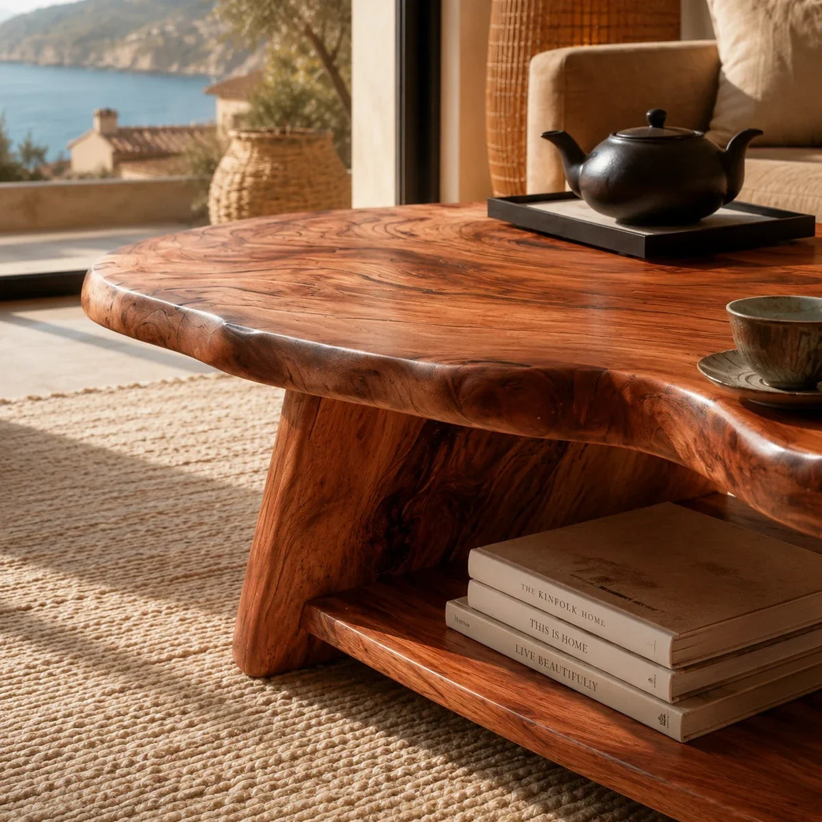 Organic coffee table with low shelf storage and sculpted solid wood supports for homes