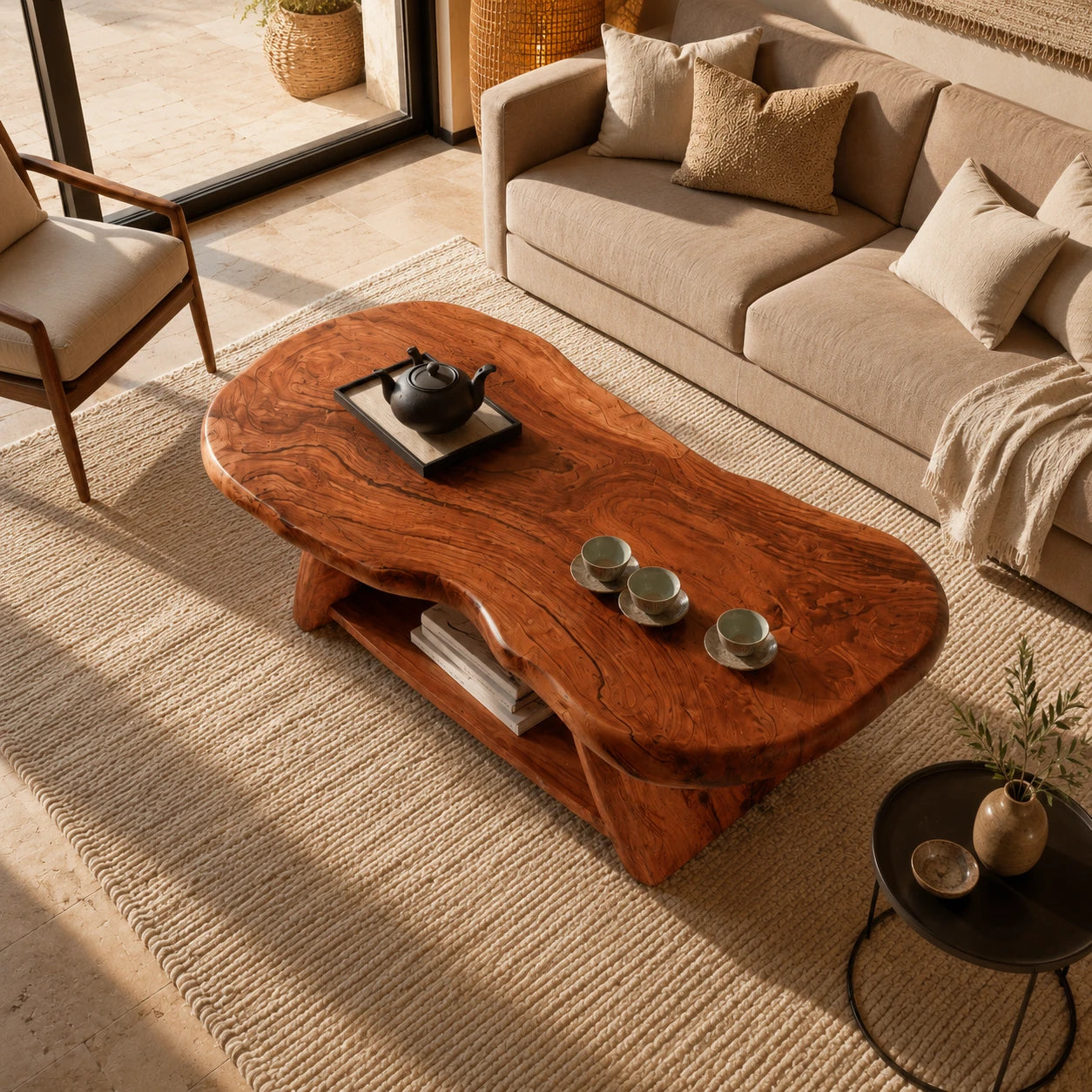 Solid wood coffee table with freeform slab top and practical lower shelf for books